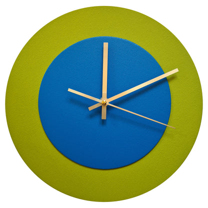 Pop Art Wanduhr Olivgrün  Mittelblau mit goldenen Zeigern 30 cm rund
