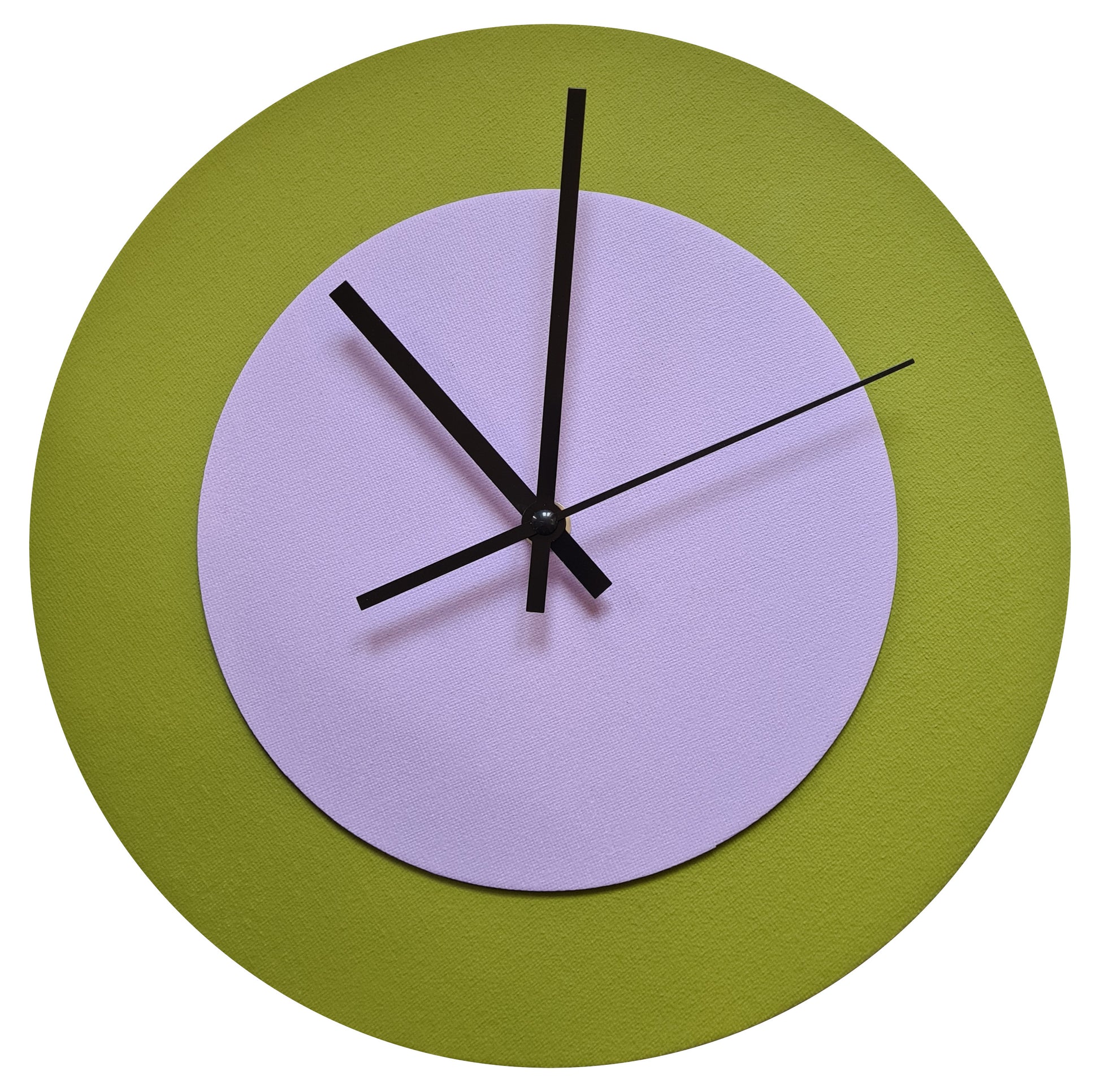 Pop Art Wanduhr Olivgrün  Fliederfarben mit schwarzen Zeigern 30 cm rund
