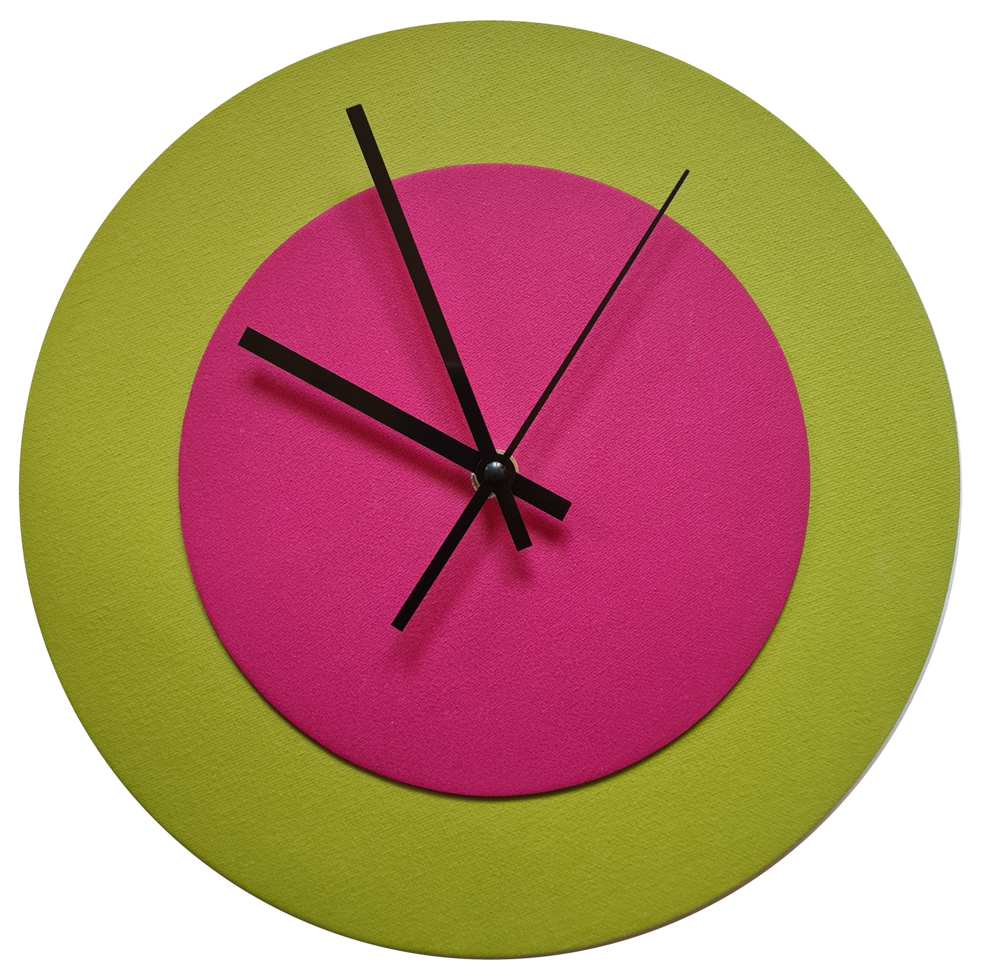 Pop Art Wanduhr Olivgrün  Magentafarben mit schwarzen Zeigern 30 cm rund
