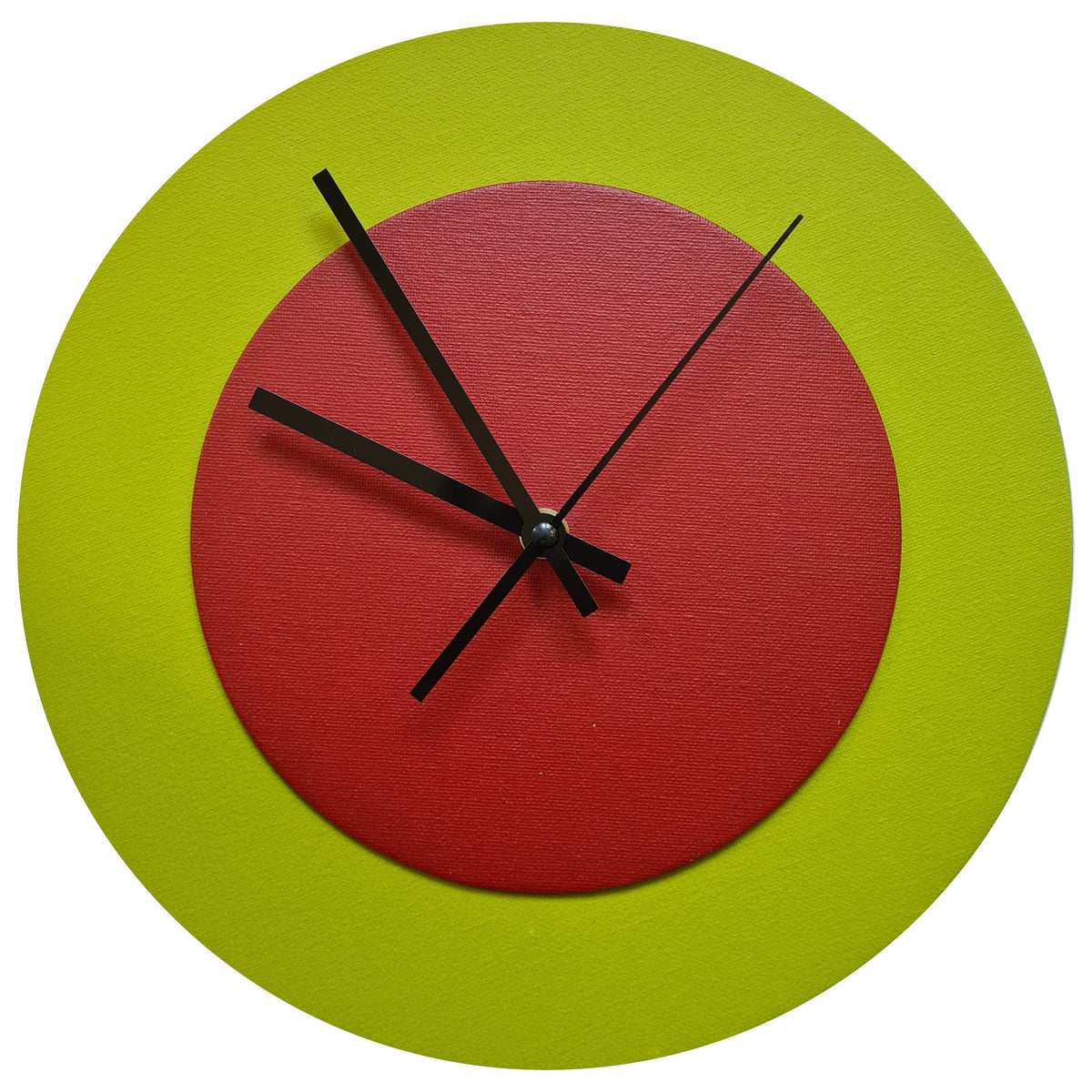 Pop Art Wanduhr Olivgrün  Dunkelrot mit  schwarzen Zeigern 30 cm rund
