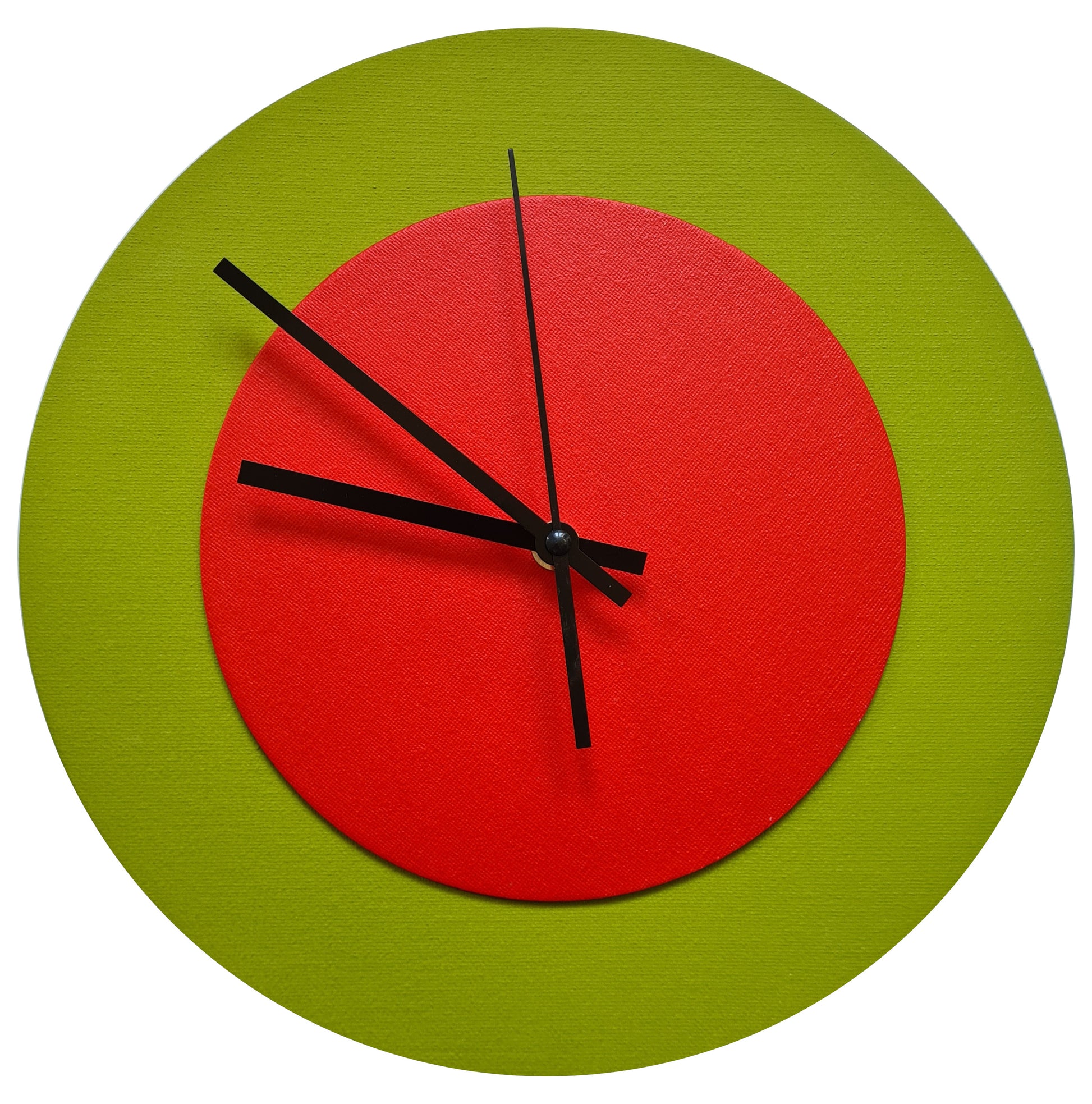 Pop Art Wanduhr Olivgrün  Hellrot mit schwarzen Zeigern 30 cm rund
