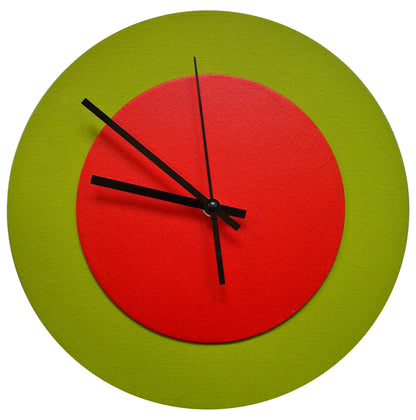 Pop Art Wanduhr Olivgrün  Hellrot mit schwarzen Zeigern 30 cm rund
