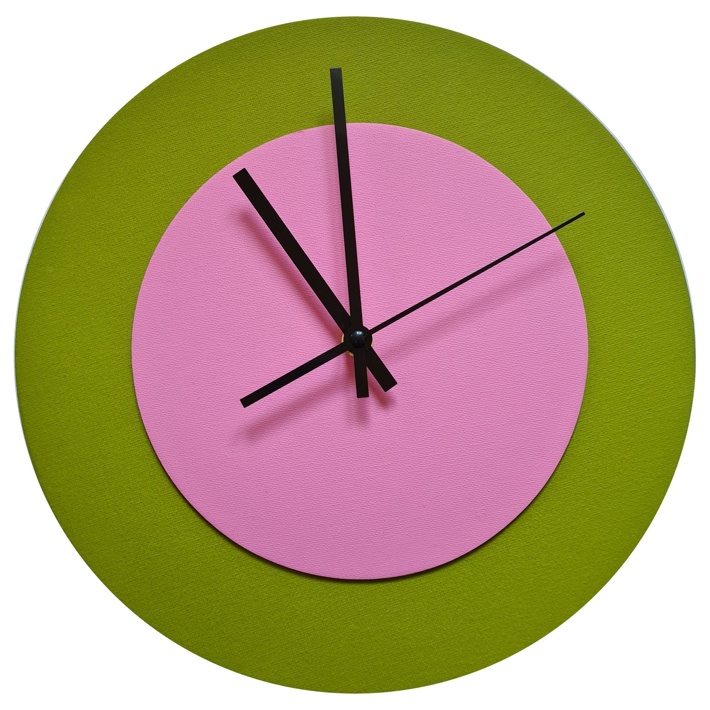 Pop Art Wanduhr Olivgrün  Rosafarben mit schwarzen Zeigern 30 cm rund
