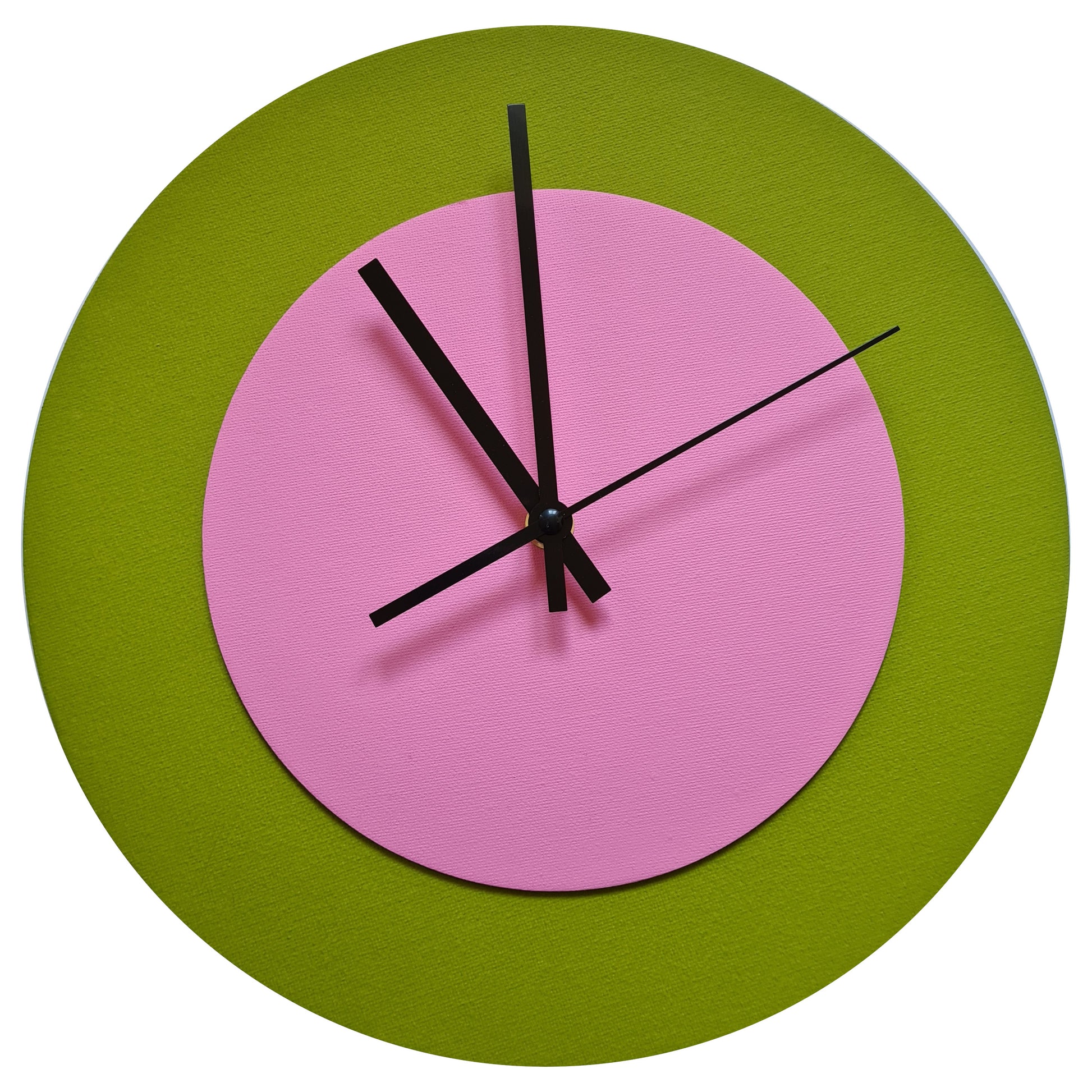 Pop Art Wanduhr Olivgrün  Rosafarben mit schwarzen Zeigern 30 cm rund
