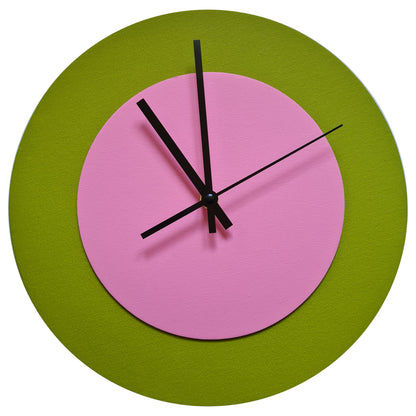 Pop Art Wanduhr Olivgrün  Rosafarben mit schwarzen Zeigern 30 cm rund
