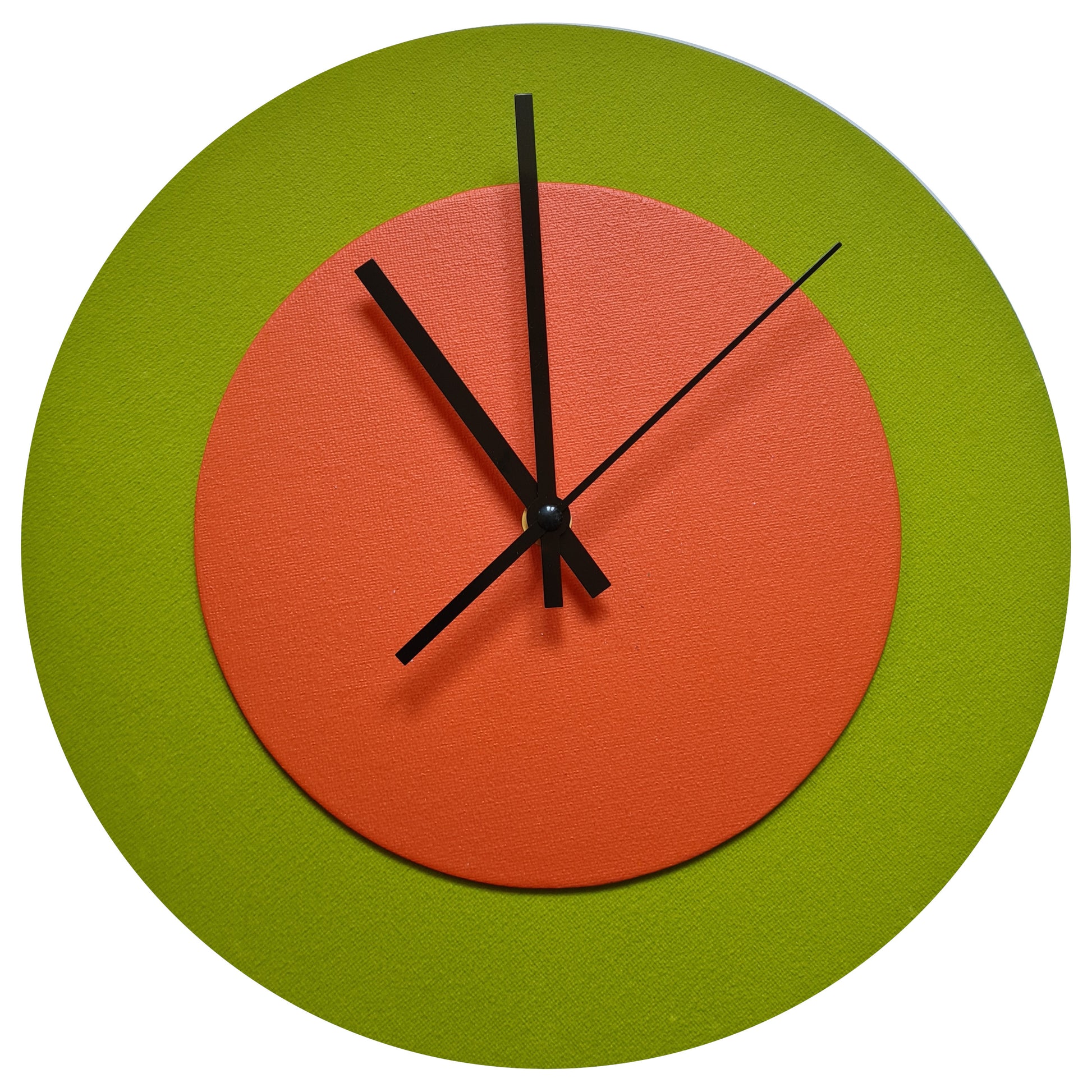 Pop Art Wanduhr Olivgrün  Orangefarben mit schwarzen Zeigern 30 cm rund
