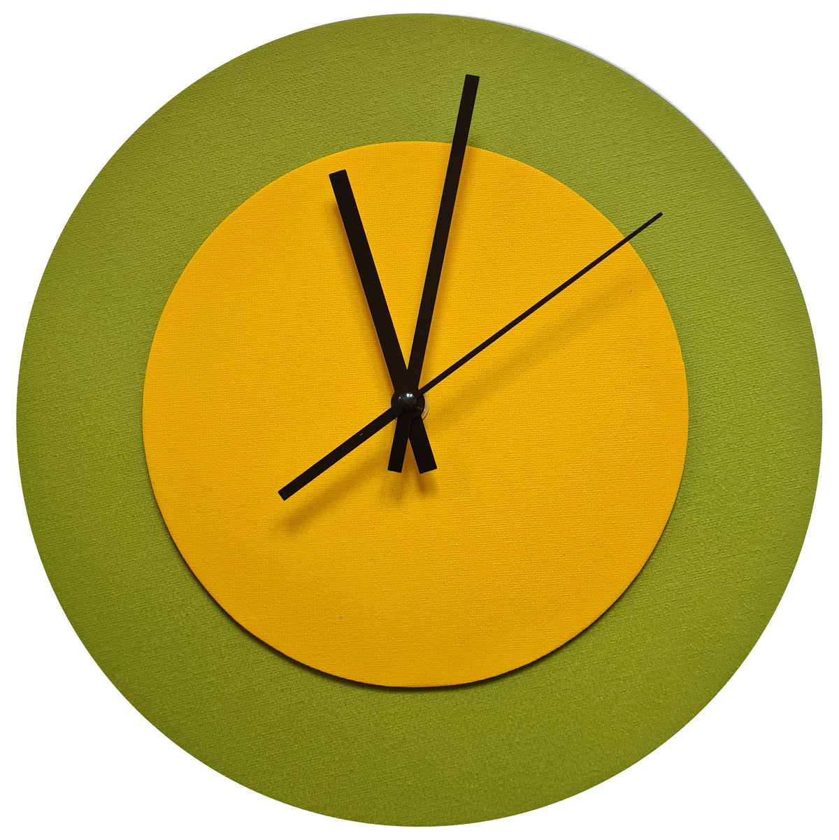 Pop Art Wanduhr Olivgrün  Sonnengelb mit schwarzen Zeigern 30 cm rund
