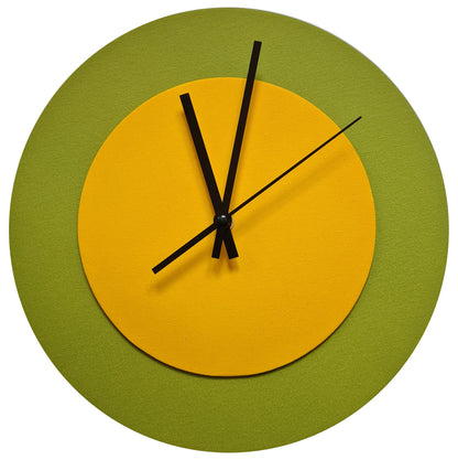 Pop Art Wanduhr Olivgrün  Sonnengelb mit schwarzen Zeigern 30 cm rund
