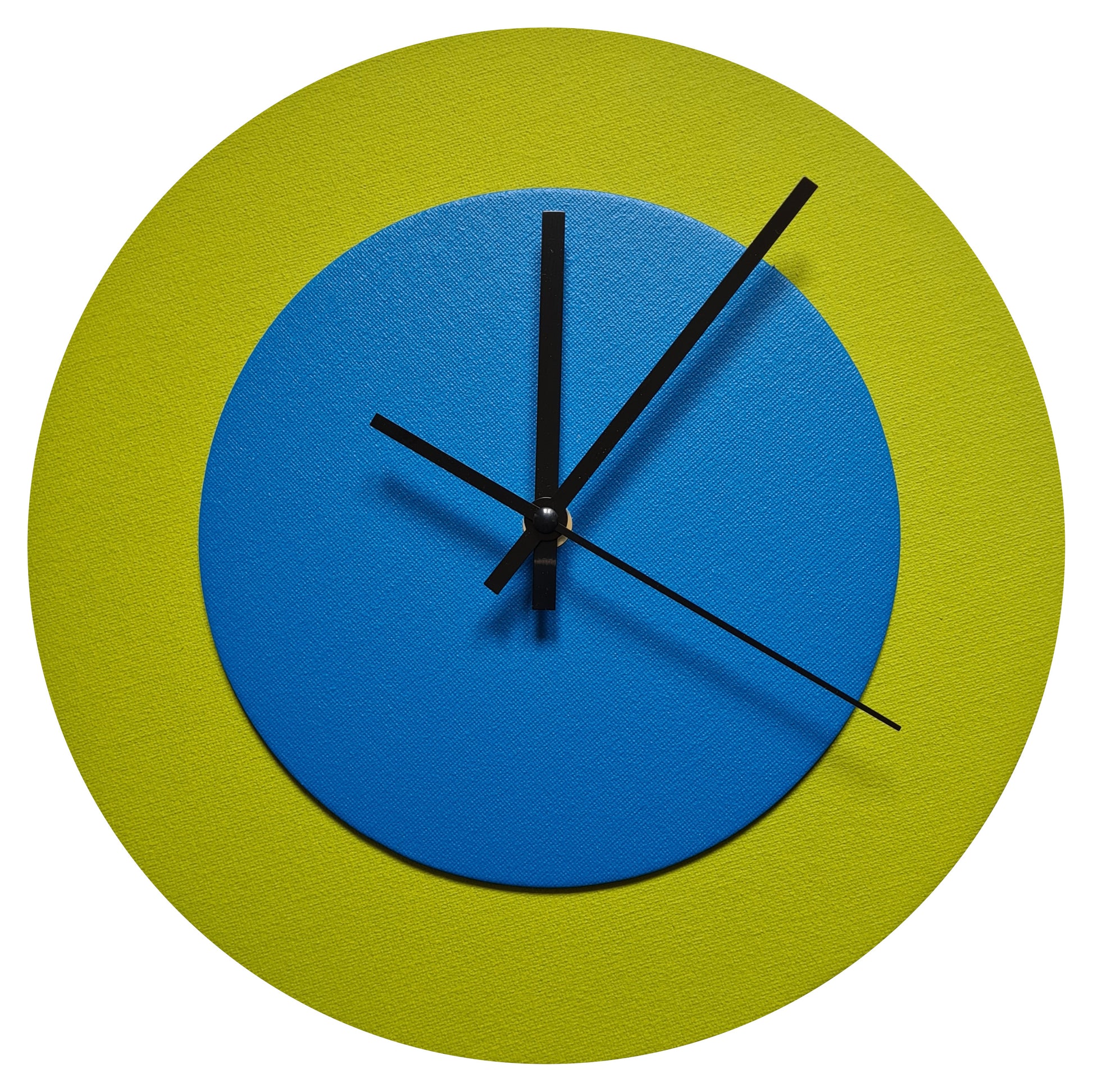 Pop Art Wanduhr Olivgrün  Mittelblau mit schwarzen Zeigern 30 cm rund
