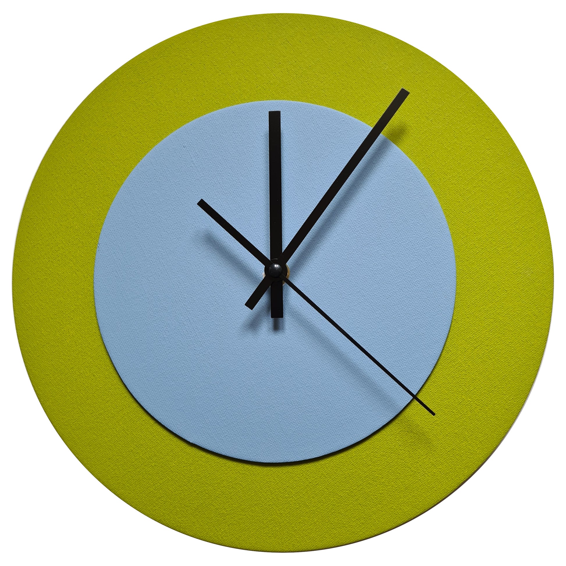 Pop Art Wanduhr Olivgrün Hellblau  mit schwarzen Zeigern 30 cm rund
