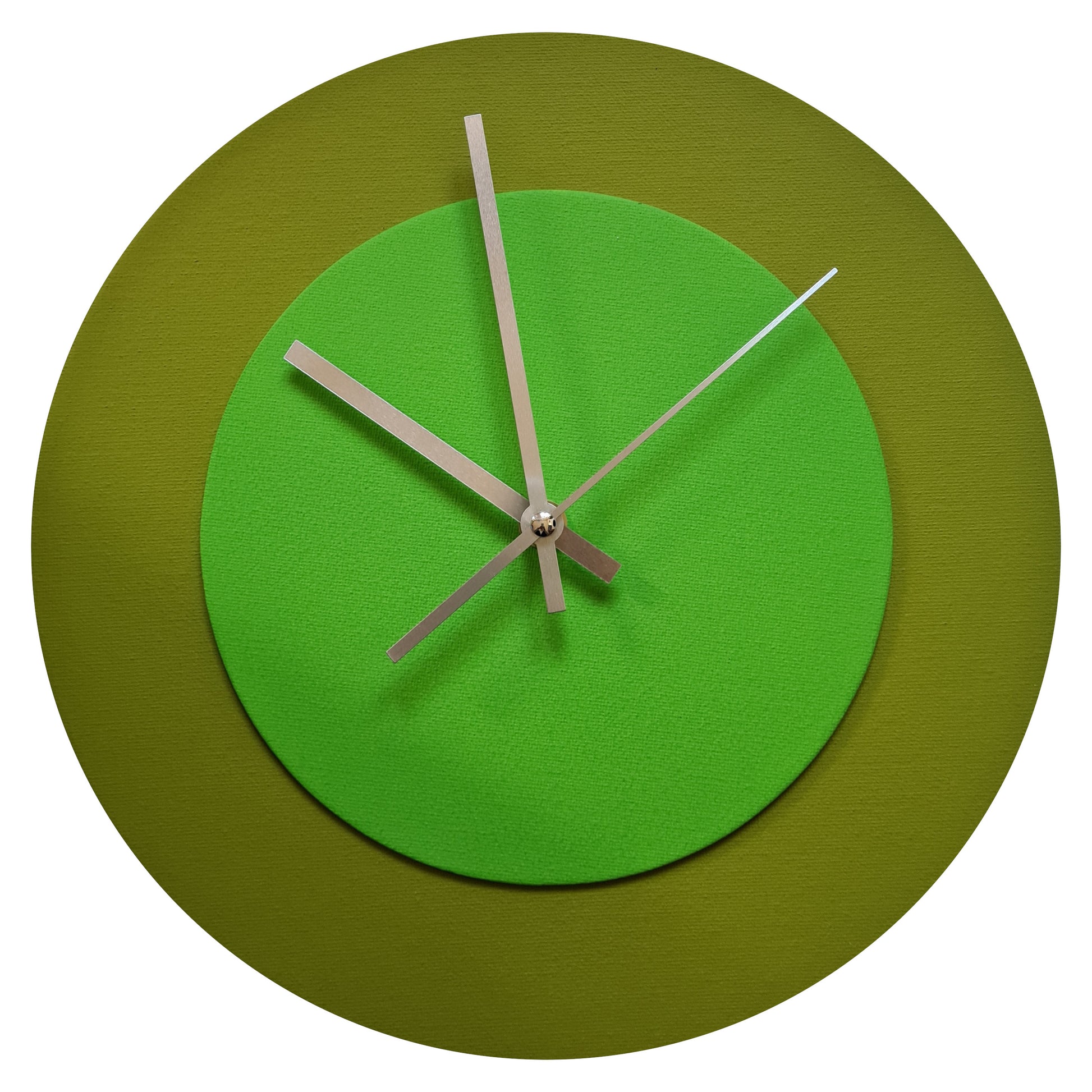 Pop Art Wanduhr Olivgrün  Hellgrün mit silbernen Zeigern 30 cm rund

