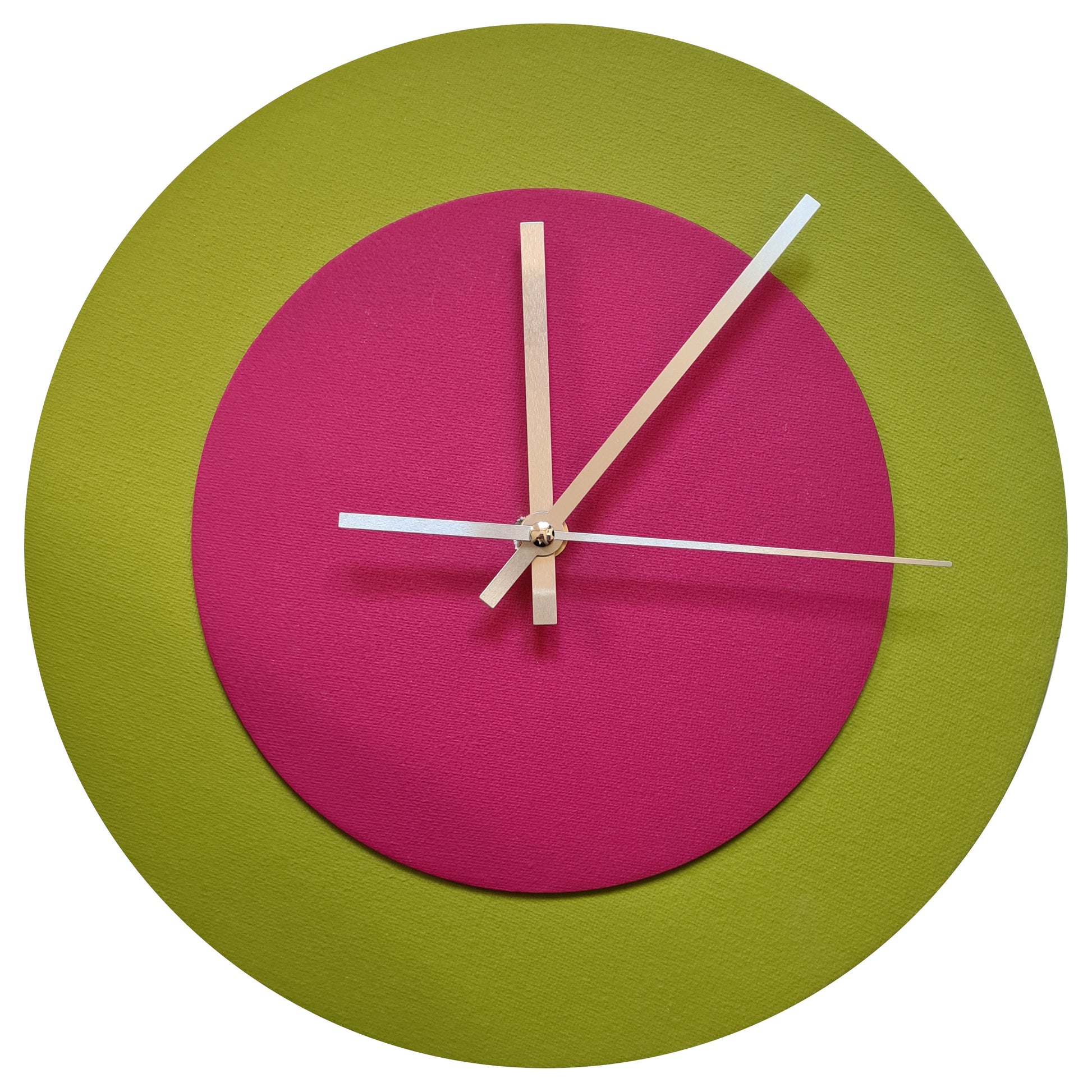 Pop Art Wanduhr Olivgrün  Magentafarben mit silbernen Zeigern 30 cm rund
