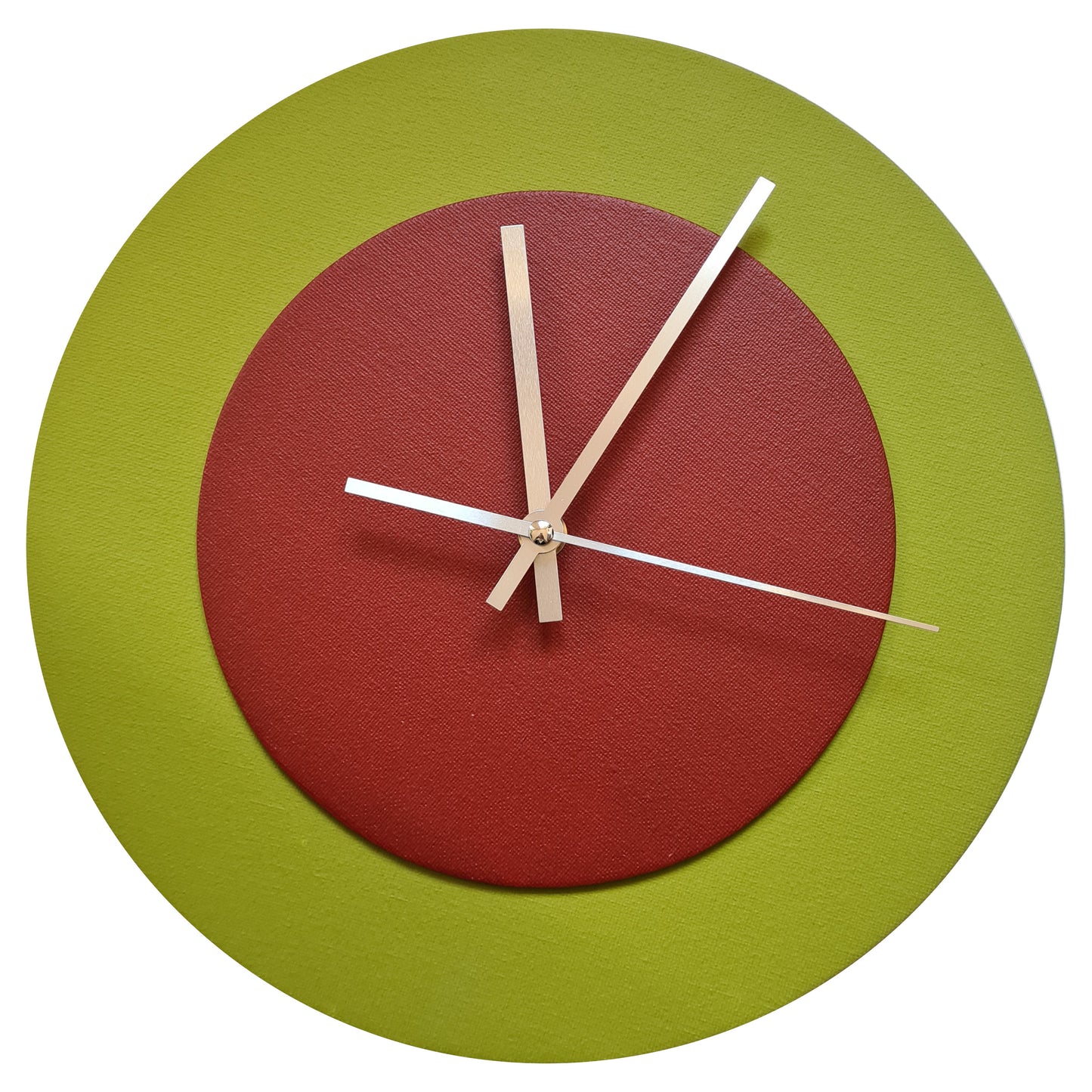 Pop Art Wanduhr Olivgrün  Dunkelrot mit  silbernen Zeigern 30 cm rund
