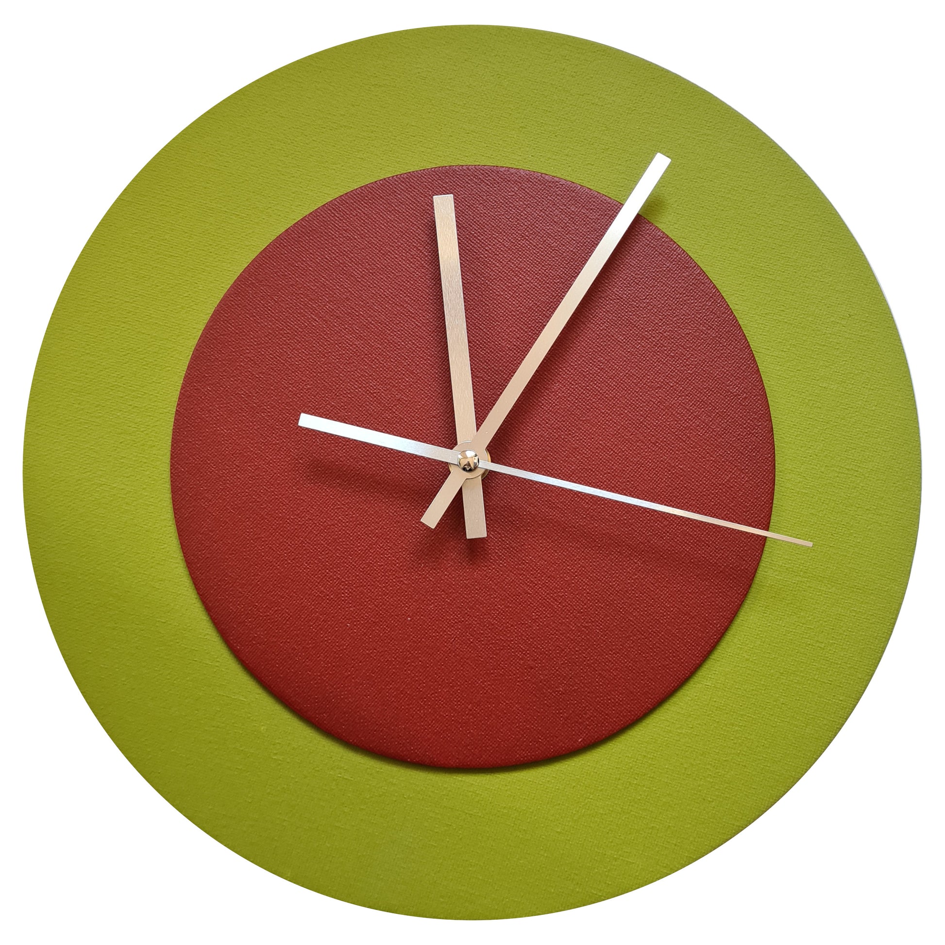 Pop Art Wanduhr Olivgrün  Dunkelrot mit  silbernen Zeigern 30 cm rund
