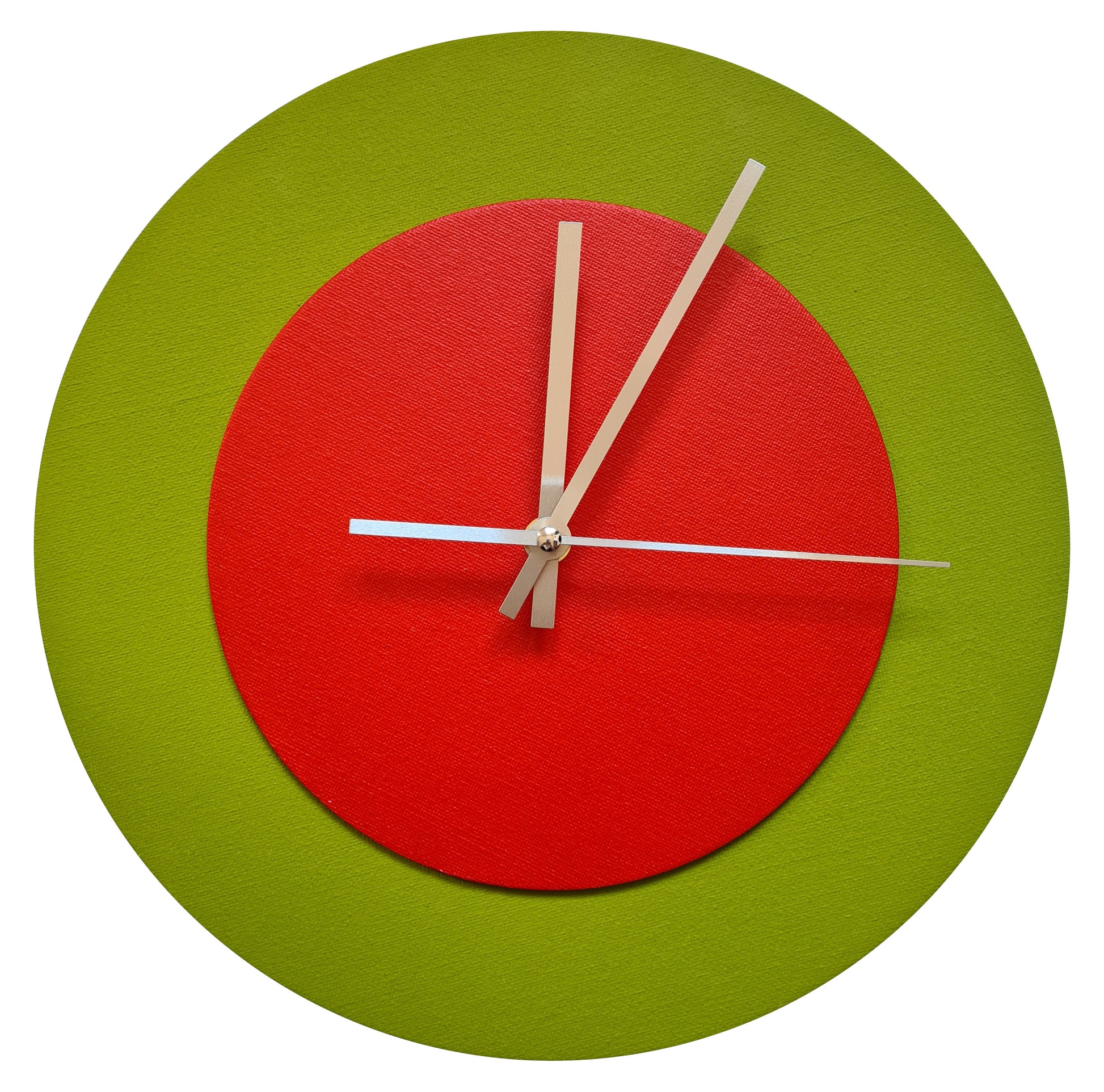 Pop Art Wanduhr Olivgrün  Hellrot mit silbernen Zeigern 30 cm rund
