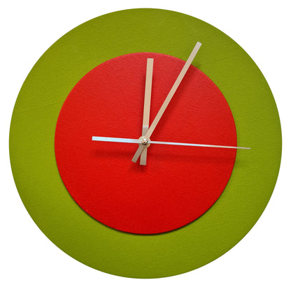 Pop Art Wanduhr Olivgrün  Hellrot mit silbernen Zeigern 30 cm rund
