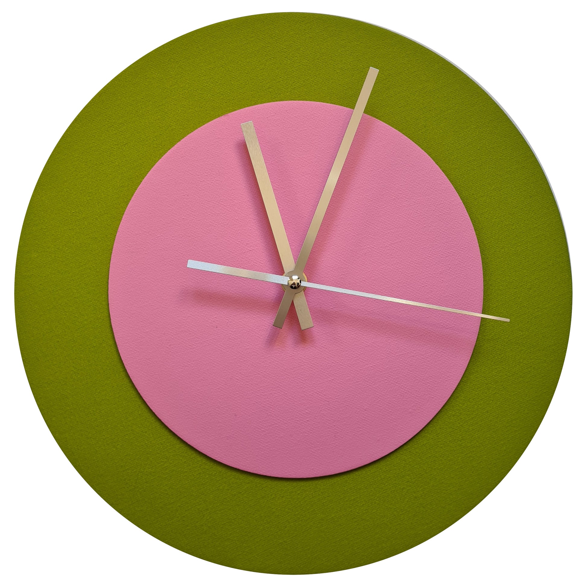 Pop Art Wanduhr Olivgrün  Rosafarben mit silbernen Zeigern 30 cm rund
