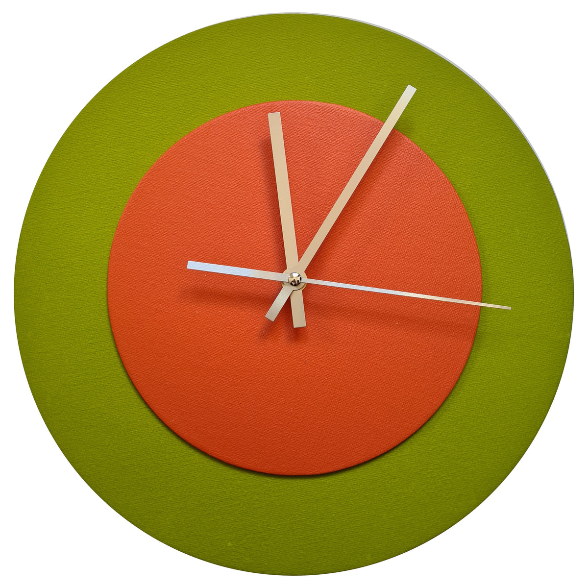 Pop Art Wanduhr Olivgrün  Orangefarben mit silbernen Zeigern 30 cm rund
