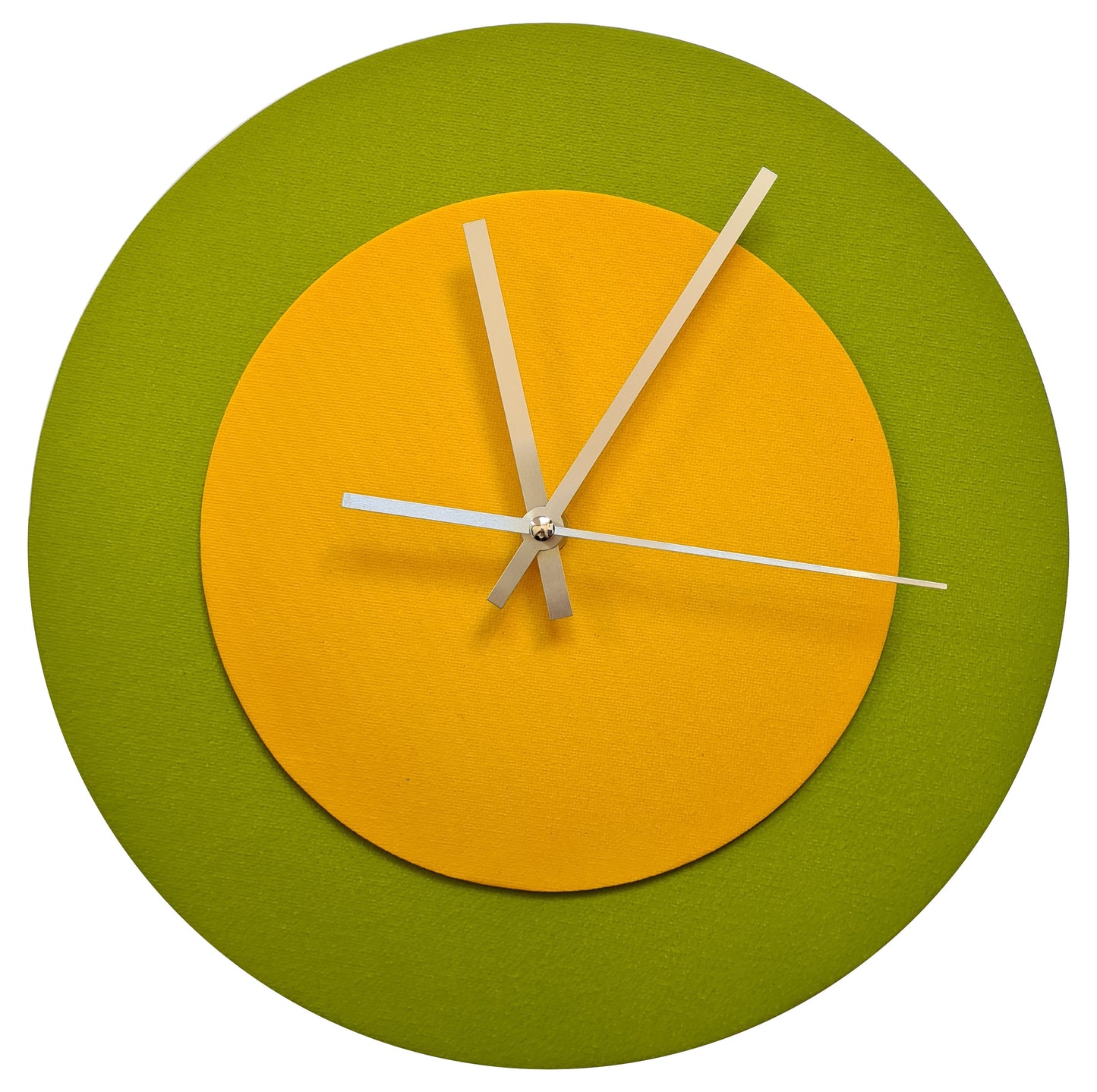 Pop Art Wanduhr Olivgrün  Sonnengelb mit silbernen Zeigern 30 cm rund
