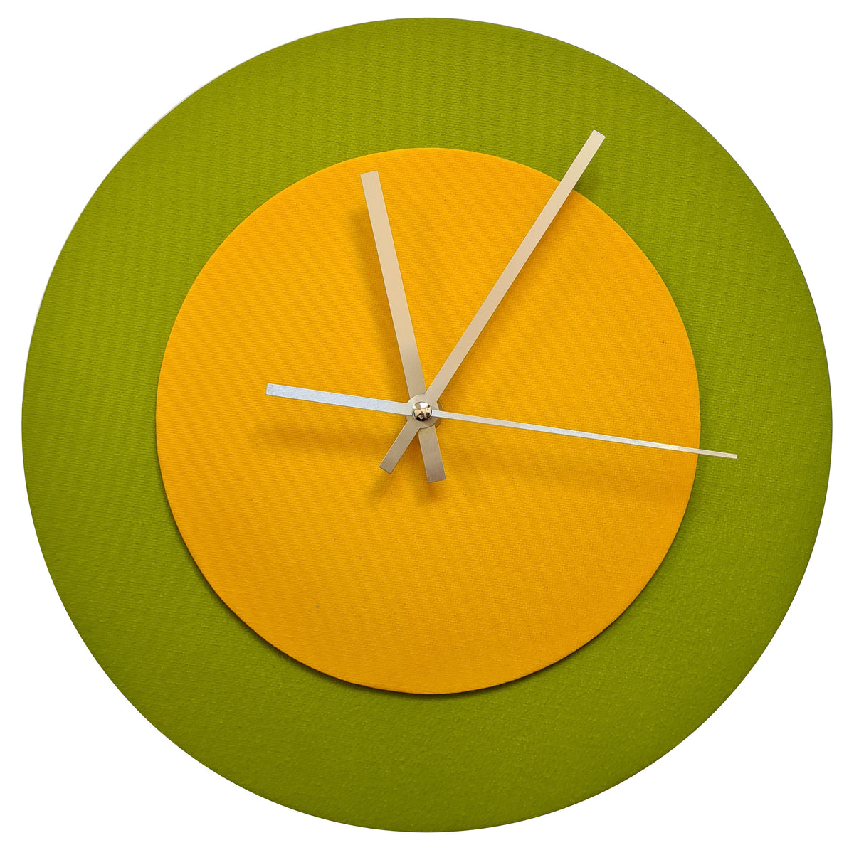 Pop Art Wanduhr Olivgrün  Sonnengelb mit silbernen Zeigern 30 cm rund
