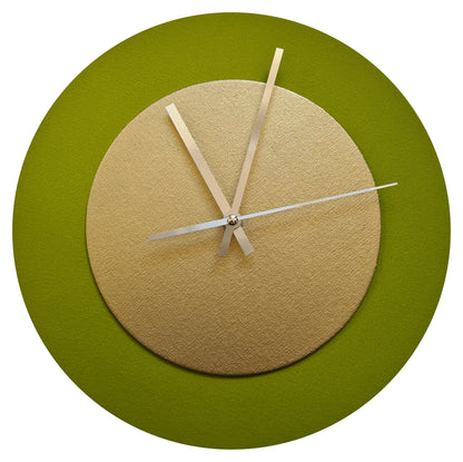 Pop Art Wanduhr Olivgrün  Goldfarben mit silbernen Zeigern 30 cm rund
