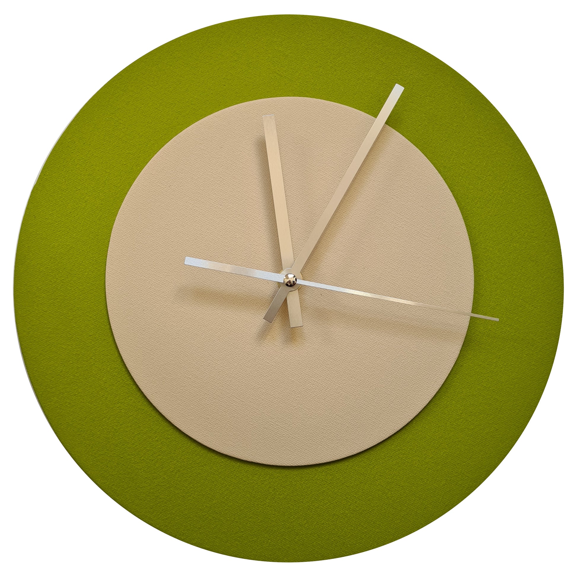 Pop Art Wanduhr Olivgrün  Cremefarben mit silbernen Zeigern 30 cm rund
