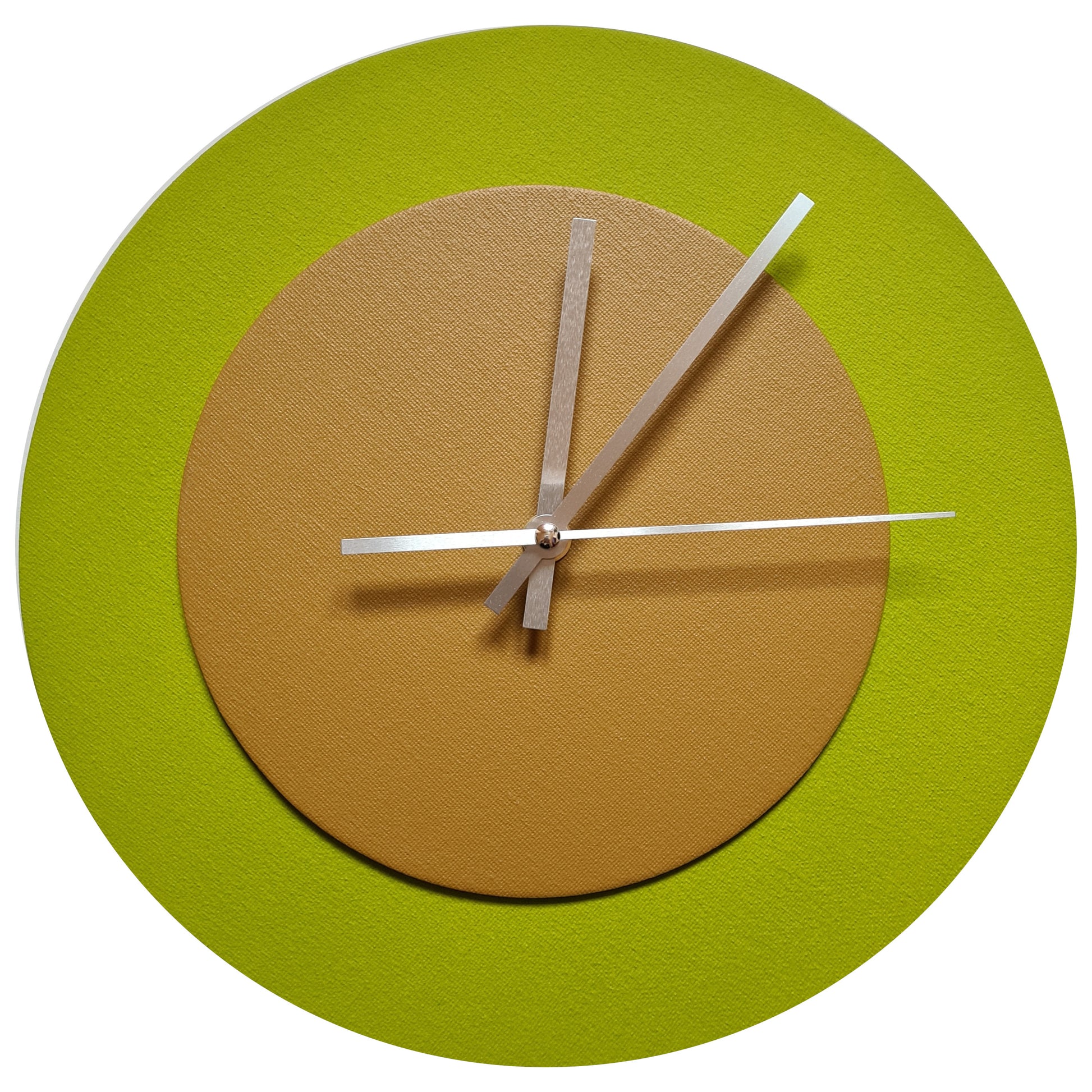 Pop Art Wanduhr Olivgrün  Hellbraun mit silbernen Zeigern 30 cm rund
