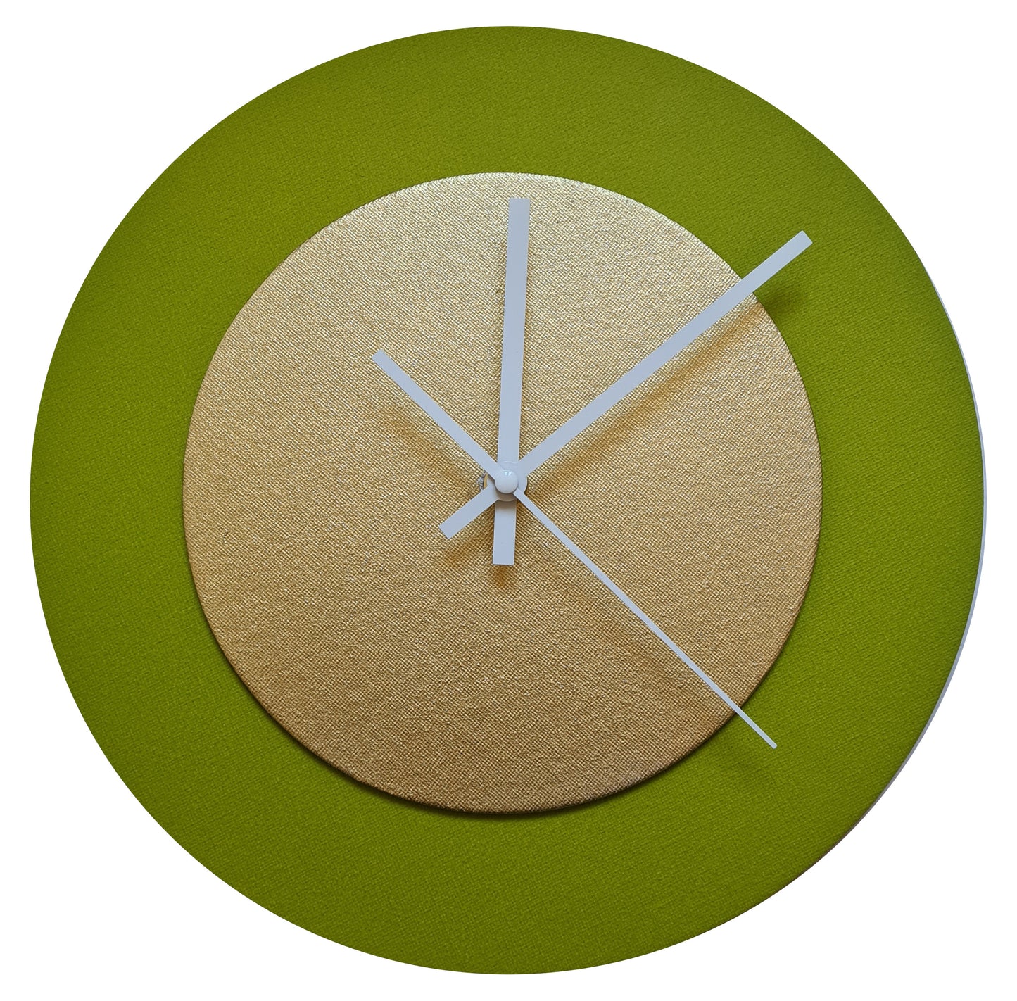 Pop Art Wanduhr Olivgrün  Goldfarben mit weißen Zeigern 30 cm rund
