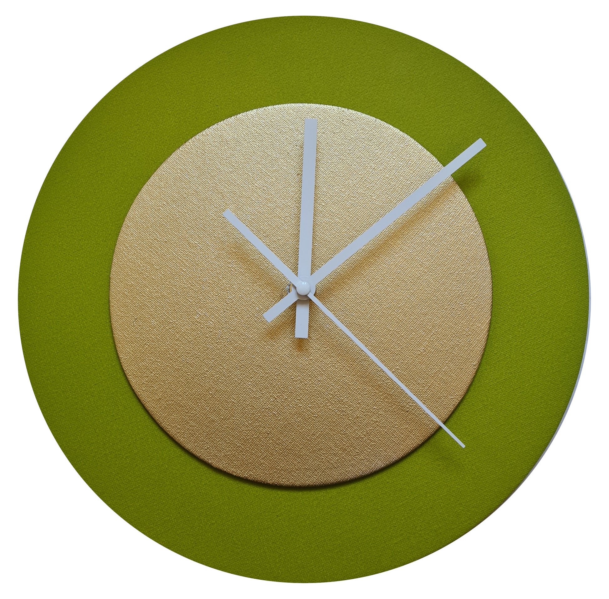 Pop Art Wanduhr Olivgrün  Goldfarben mit weißen Zeigern 30 cm rund
