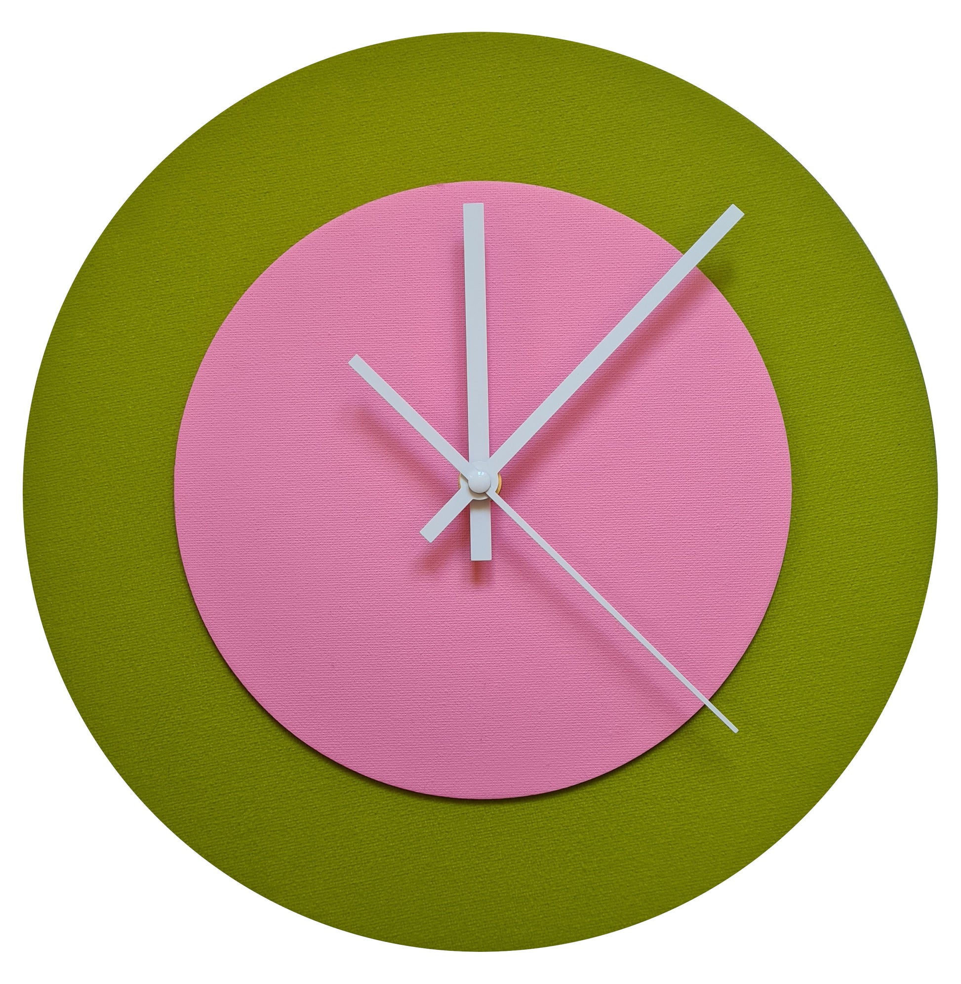 Pop Art Wanduhr Olivgrün  Rosafarben mit weißen Zeigern 30 cm rund
