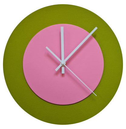 Pop Art Wanduhr Olivgrün  Rosafarben mit weißen Zeigern 30 cm rund
