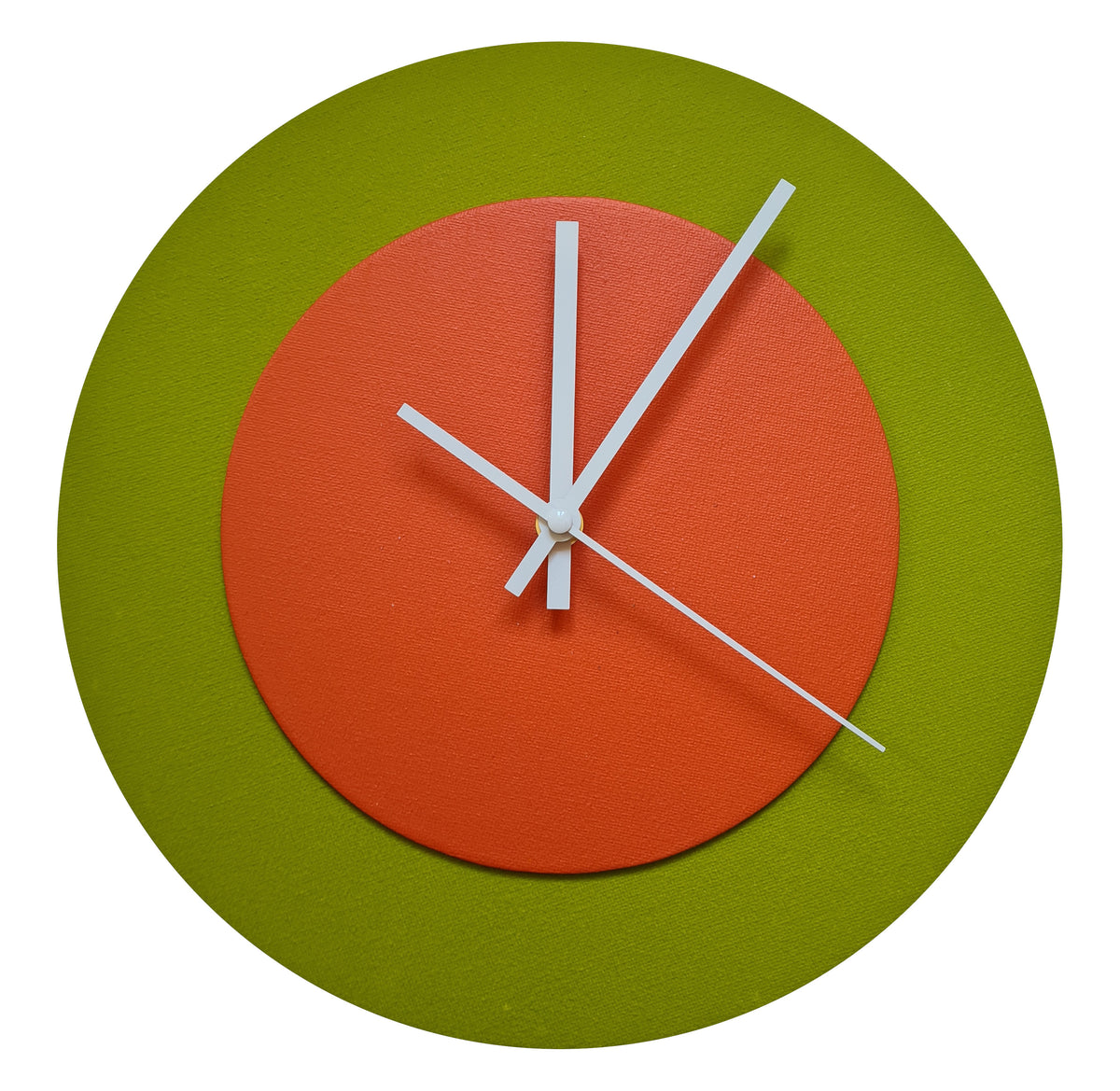 Pop Art Wanduhr Olivgrün  Orangefarben mit weißen Zeigern 30 cm rund
