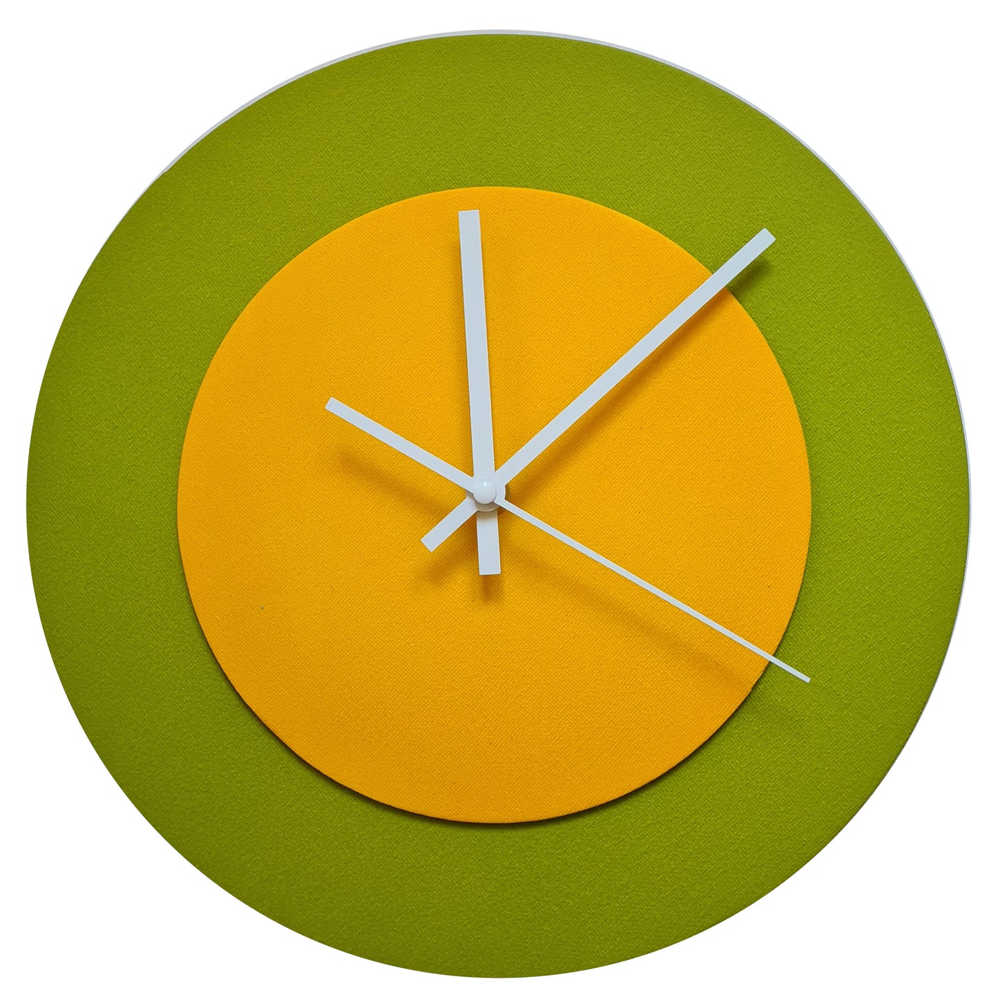 Pop Art Wanduhr Olivgrün  Sonnengelb mit weißen Zeigern 30 cm rund
