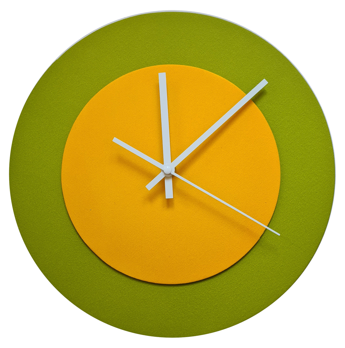Pop Art Wanduhr Olivgrün  Sonnengelb mit weißen Zeigern 30 cm rund
