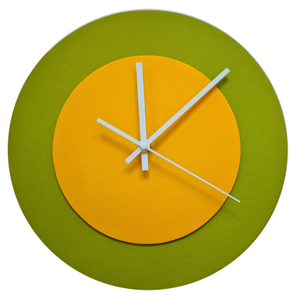 Pop Art Wanduhr Olivgrün  Sonnengelb mit weißen Zeigern 30 cm rund
