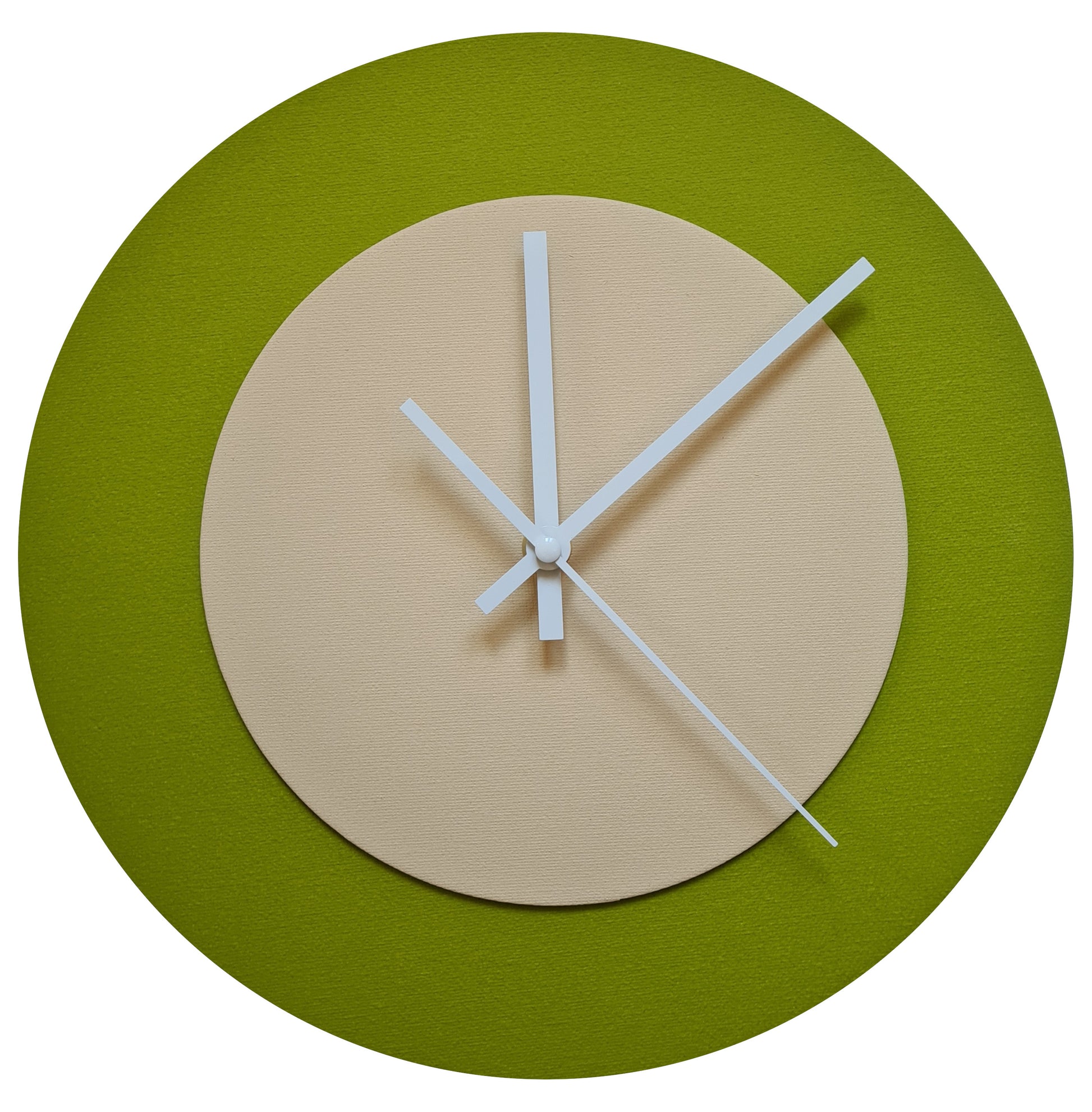 Pop Art Wanduhr Olivgrün  Cremefarben mit weißen Zeigern 30 cm rund
