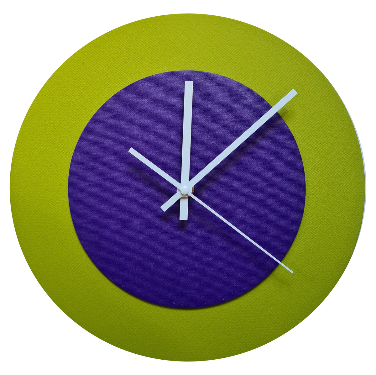 Pop Art Wanduhr Olivgrün  Lilafarben mit weißen Zeigern 30 cm rund
