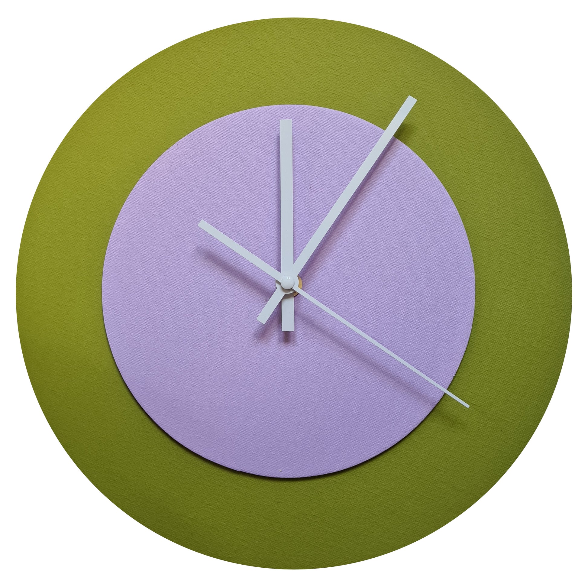Pop Art Wanduhr Olivgrün  Fliederfarben mit weißen Zeigern 30 cm rund
