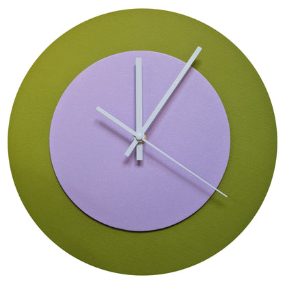 Pop Art Wanduhr Olivgrün  Fliederfarben mit weißen Zeigern 30 cm rund
