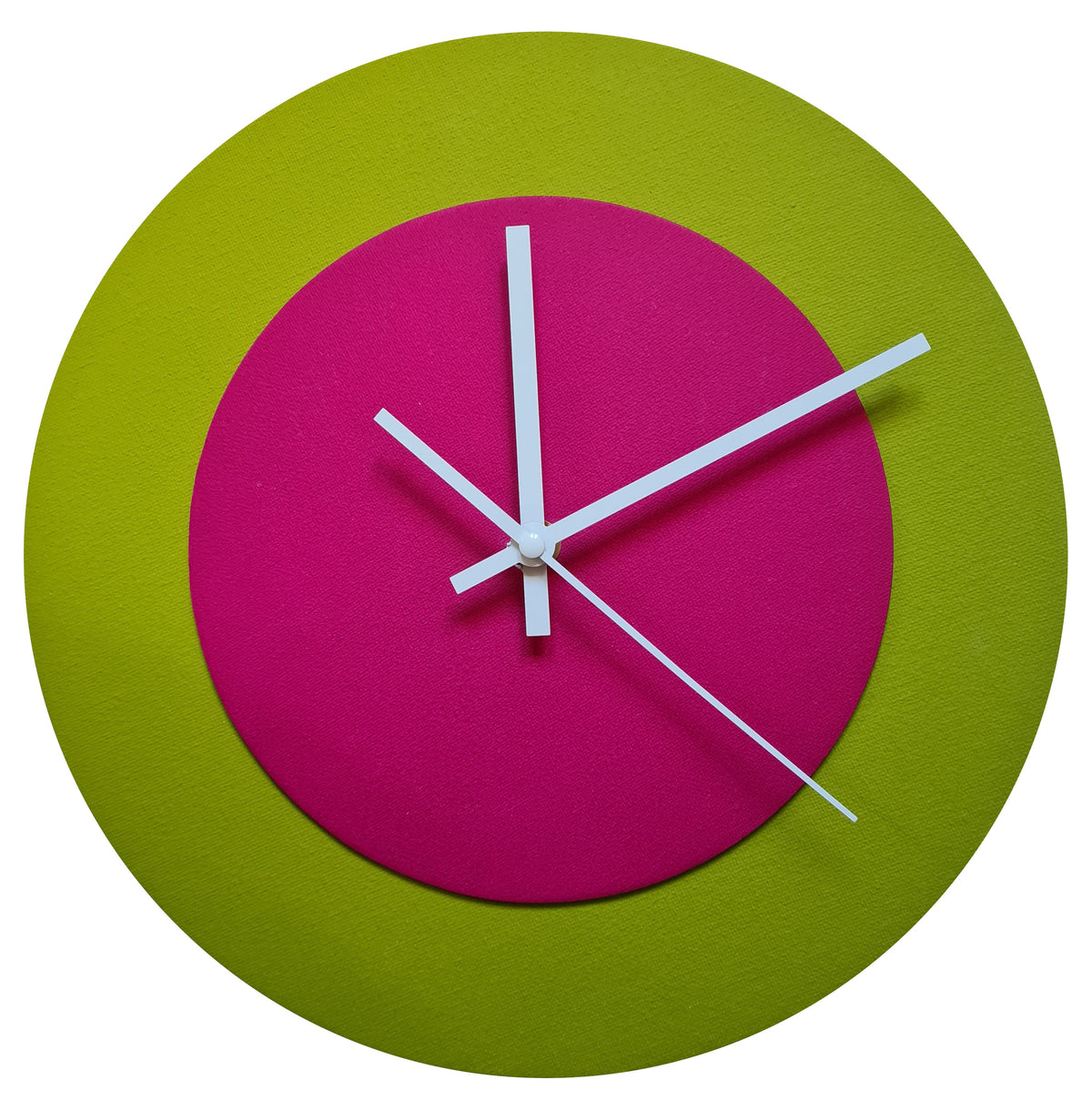 Pop Art Wanduhr Olivgrün  Magentafarben mit weißen Zeigern 30 cm rund

