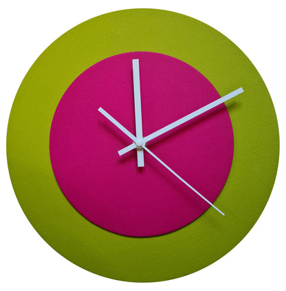 Pop Art Wanduhr Olivgrün  Magentafarben mit weißen Zeigern 30 cm rund
