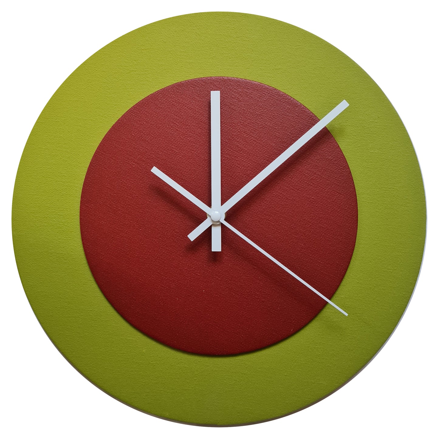 Pop Art Wanduhr Olivgrün  Dunkelrot mit  weißen Zeigern 30 cm rund
