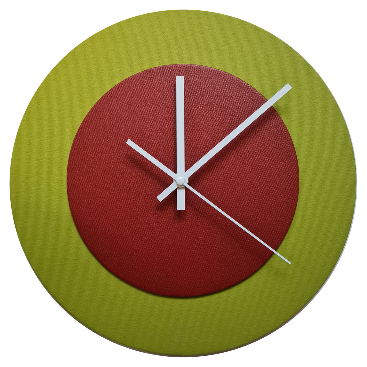 Pop Art Wanduhr Olivgrün  Dunkelrot mit  weißen Zeigern 30 cm rund
