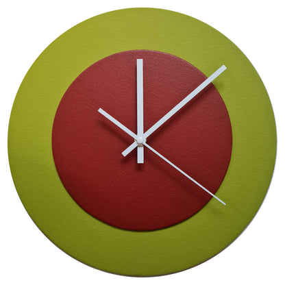 Pop Art Wanduhr Olivgrün  Dunkelrot mit  weißen Zeigern 30 cm rund
