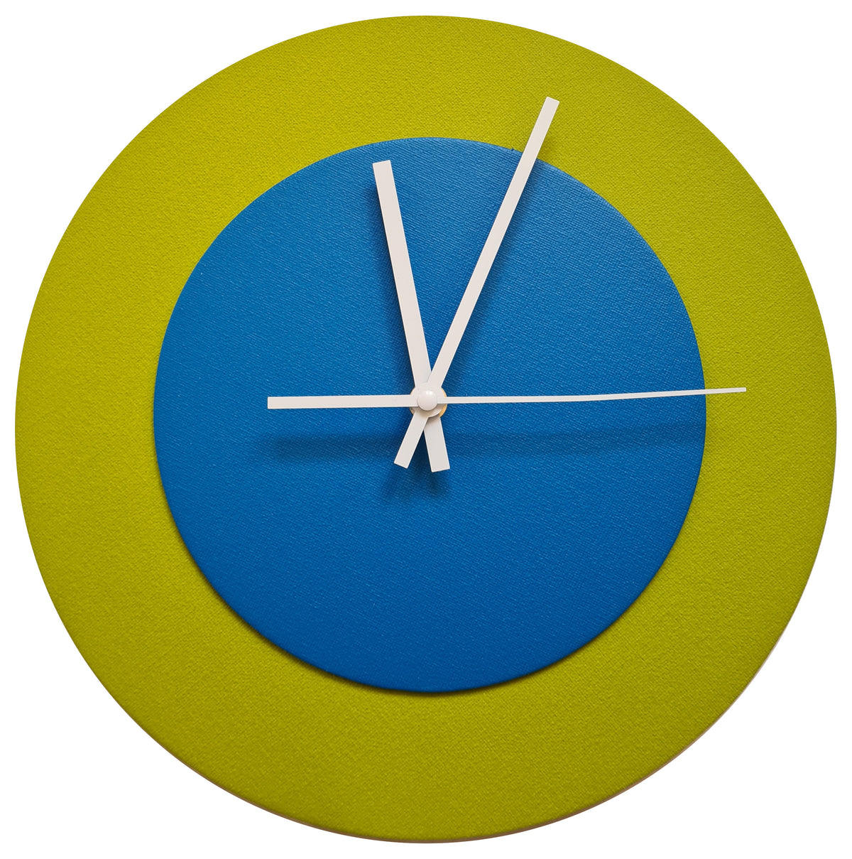 Pop Art Wanduhr Olivgrün  Mittelblau mit weißen Zeigern 30 cm rund
