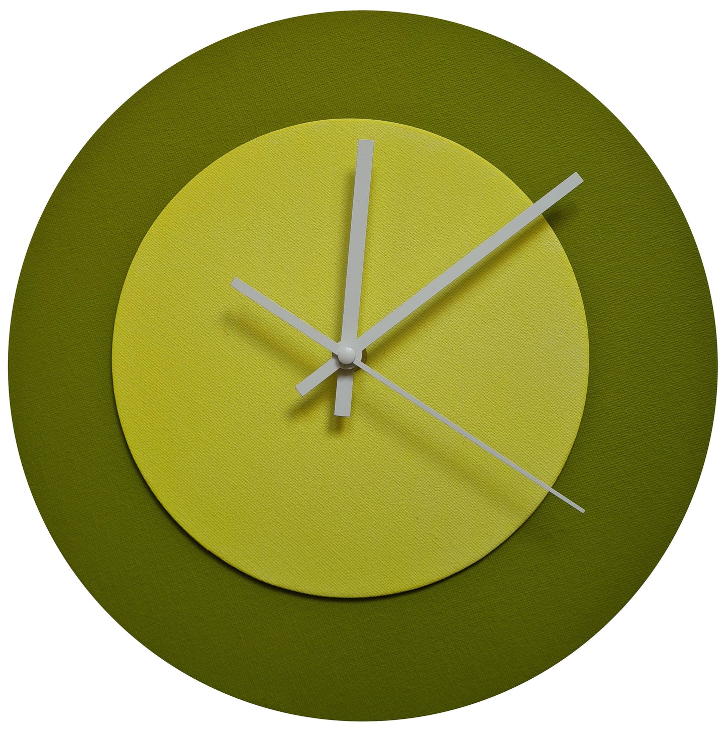 Pop Art Wanduhr Olivgrün  Hellgelb mit weißen Zeigern 30 cm rund
