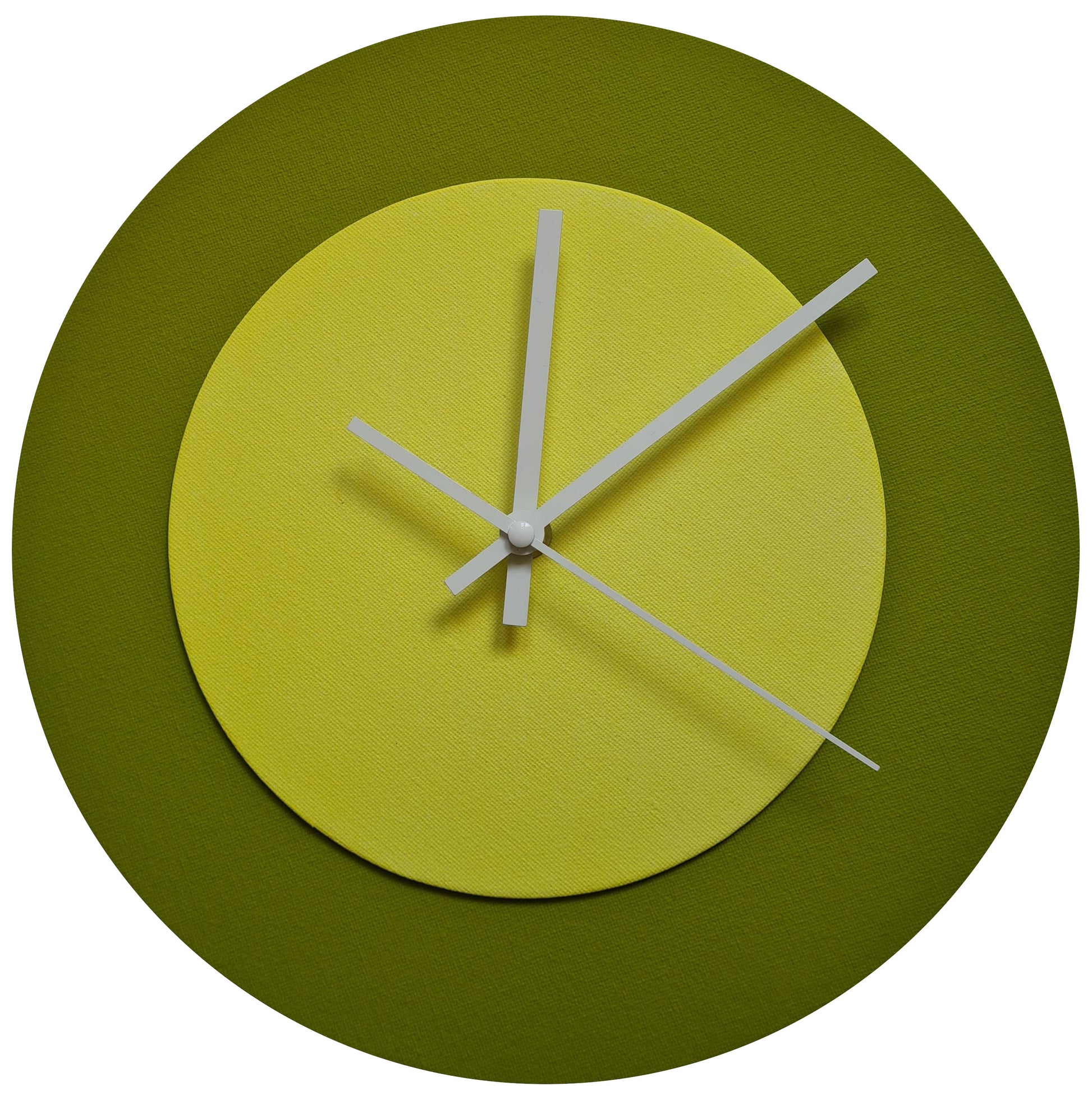 Pop Art Wanduhr Olivgrün  Hellgelb mit weißen Zeigern 30 cm rund
