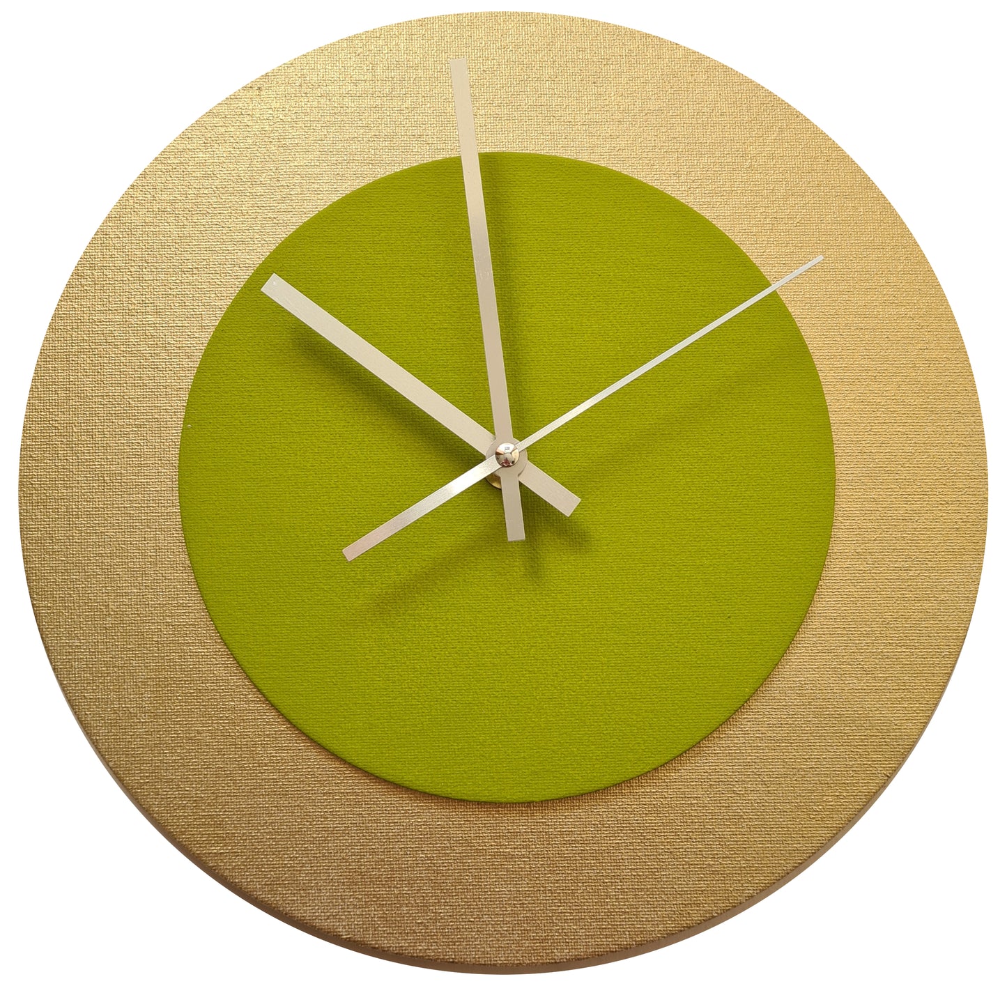 Pop Art Wanduhr Gold  Olivgrün mit silbernen Zeigern 30 cm rund
