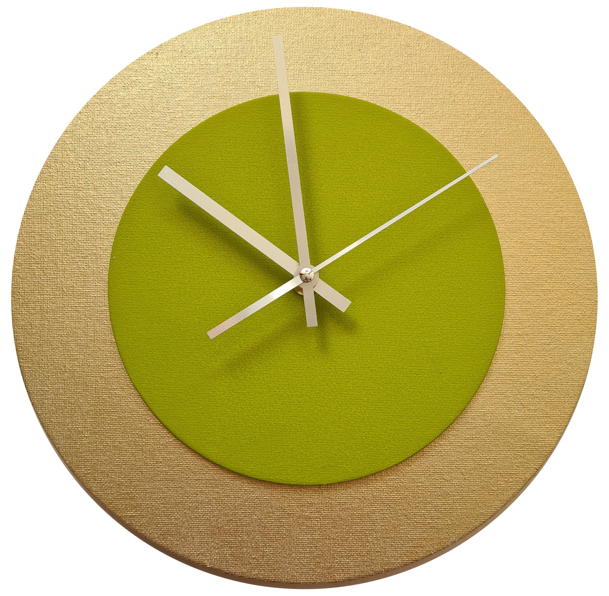 Pop Art Wanduhr Gold  Olivgrün mit silbernen Zeigern 30 cm rund