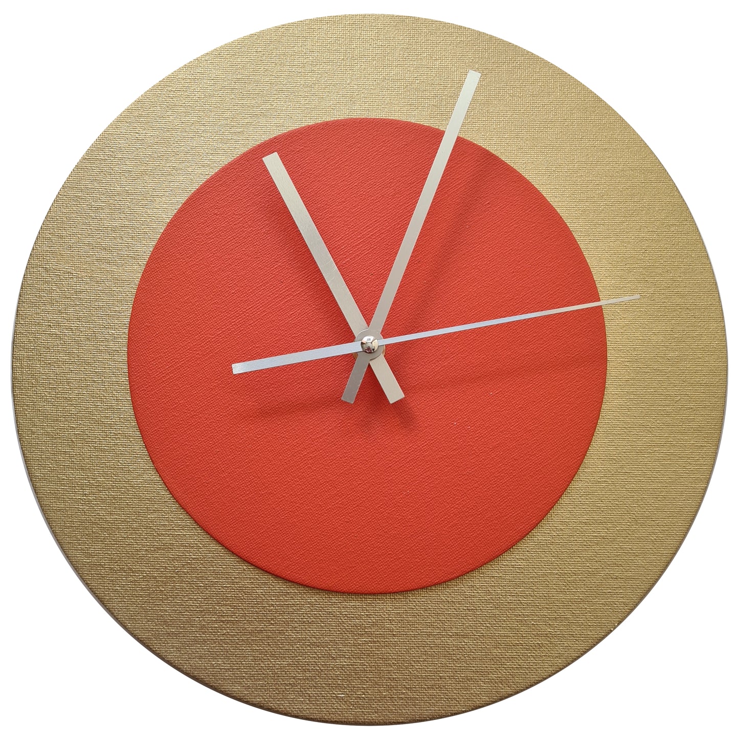 Pop Art Wanduhr Gold  Orangefarben mit silbernen Zeigern 30 cm rund